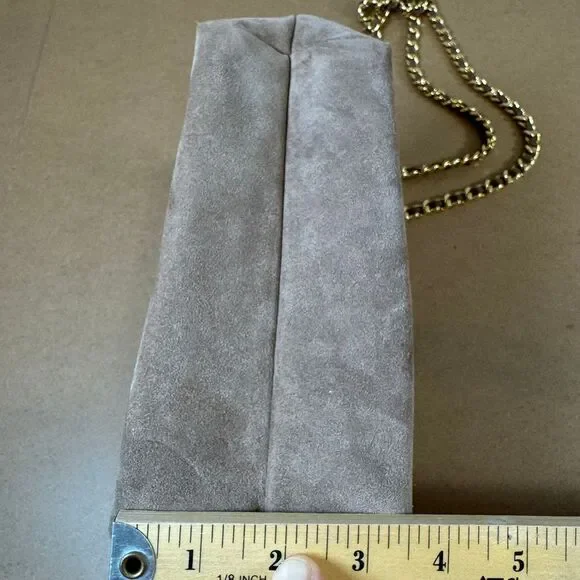 Taupe Suede Shoulder Bag with Gold Chain Strap Classic Purse - Picture 7 of 10